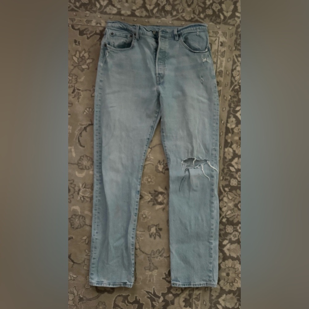 Levi's Blue Straight Leg Jeans with Distressed Knee